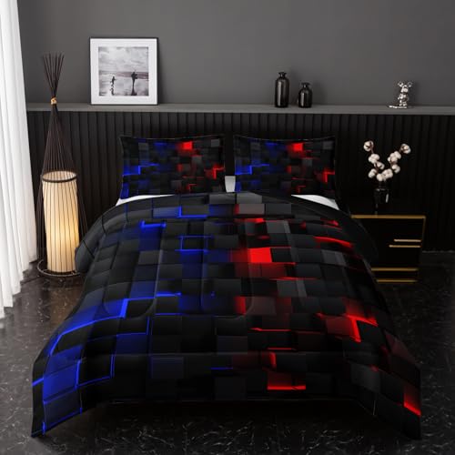 Image of Nttopship Neon Red and Blue Comforter Set Full Geometric Kids Bedding Set,3 PCS Geometry Honeycomb Bed Set Modern Quilt Set 1 Comforter 2 Pillow Cases Cool Room Decor All Season B-Side Black