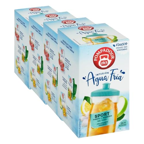 Pompadour - Infusión sport con magnesio - Agua fria - sin azúcares añadidos - 20 bolsitas (Paquete de 4)
