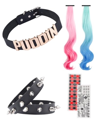 ABONDEVER Puddin Choker Halloween Set Adjustable Punk Leather Letter Collar Necklace Tattoo Stickers Rivets Spike Bracelet Halloween Cosplay Accessories for Women (Black-A)
