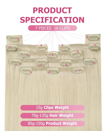 Image of YoungSee 135G Clip in Human Hair Extension Platinum Blonde, 18 Inch 7pcs Clip in Hair Extensions, Thcik Remy Hair Platinum Blonde, Real Hair Clip ins Extension for Full Head
