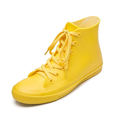 DKSUKO Women's Rain Boots Waterproof High Top Rain Shoes with Lace Up Anti-Slip Garden Shoes (9 B(M) US, Yellow)