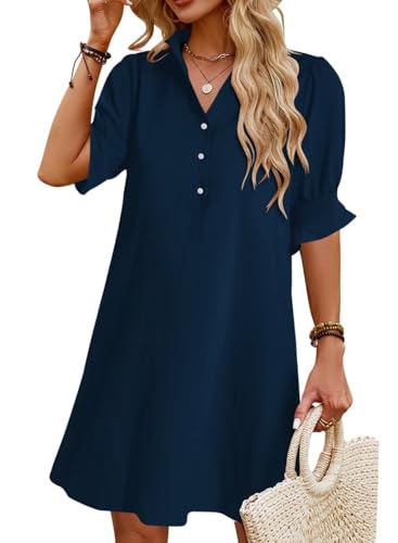 Wkior Women's Casual Shirt Dress Button Down Ruffle Sleeve Shift Summer Mini Dresses with Pockets