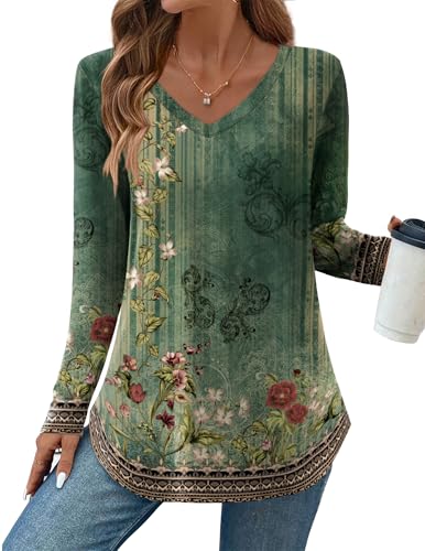 Zeagoo Long Sleeve Shirts for Womens Boho Floral Clothes Blouses V Neck T Shirts Business Outfits XL