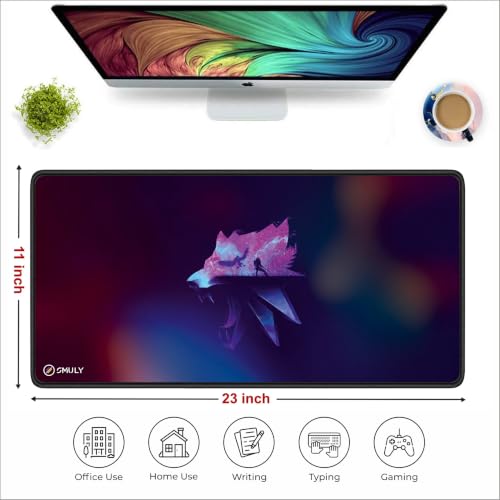 Image of Fantasy Wolf Large Desk Mat, Extended Mouse Pad 58.5 x 28 cm, Desk Pad, Washable Mousepad, 2mm Thick Non-Slip Rubber Base, Stitched Edges for Office, Home & Workstation (Multicolour)