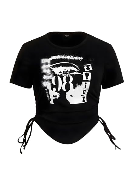 teixeira Womens Black Graphic Ruched Crop Top Slim Fit Drawstring Side Tshirt Y2K Aesthetic Printed Crop Tee for Girls Colour Black-picture-41