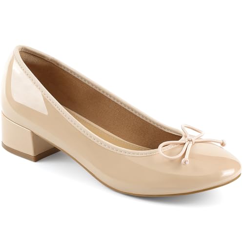 JENN ARDOR Chunky Block Low Heels Bow Round Closed Toe Comfort Work Casual Slip-On Bridal Wedding Guest Dress Cute Ballet Pumps Shoes for Women