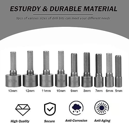 Image of AASONS 9pcs Nut Driver Drill Bit Set Socket Bit Chuck Adapter 1 /4 inch Hex Shank 5-13mm Metric Socket Strong Sleeve Wrench Screw Power Drill Adapter Tool for Screws Hooks Bolt Heads