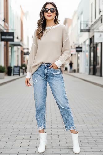 Image of Fall Clothes for Women 2026 Fashion Outfits Knitted Oversized Sweaters | Disamer Womens Sweater Trendy,Color Block Crew Neck Long Sleeve Knitted Pullover Jumper Tops,Striped,Winter Cute Sweaters