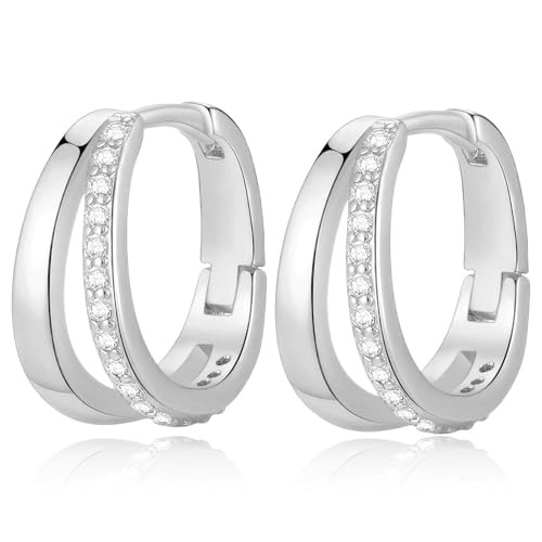 Pendientes para mujer, pendientes de botón, pendientes de aro pequeños, pendientes de doble aro, pendientes vintage delicados, regalos de joyería para niñas y mujeres (plateados)