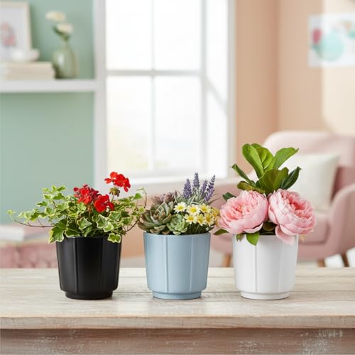Image of Xtore 3 Pc Refined Minimalist White Ceramic Planter Pot for Indoor Plants & Tabletop Styling | Clean Cylindrical Form for Desk, Shelf & Home Decor (Pack of 3, Planters only)