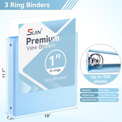 Image of SUIN 1 Inch 3 Ring Binder, Clear 1'' View Presentation Binders with 2 Pockets, Fits 8.5 x 11 Letter Size, Durable Polypropylene, Non-Stick & PVC-Free for School, Office & Home (Brushed Blue)