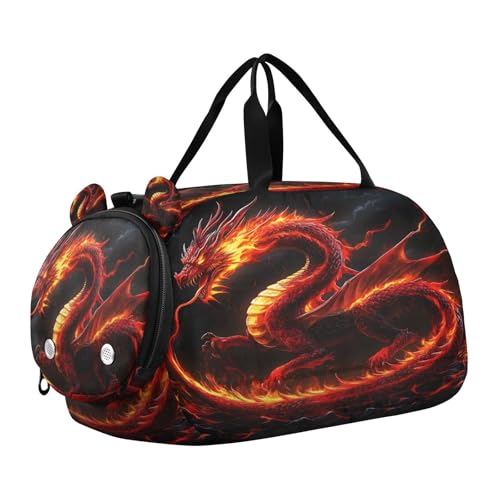 Gym Travel Duffle Bag for Boys Girls Fire Dragon Sports Dance Bag with Shoe Compartment & Wet Pocket Football Kids Travel Bag Teens Sleepover Carry