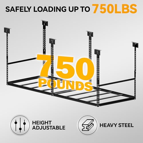 Image of 3x8 Ft Overhead Garage Storage Rack, 28-41 inch Height Adjustable Ceiling Mounted Organization Rack, 750 lbs Weight Capacity, 36 inchx96 inch Metal Rack for Garage Storage with Hanging Rods