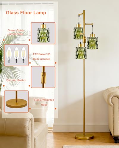 Image of Lightdot 67 inch 3-Light Glass Floor Lamp for Living Room, Dimmable with Green Glass Shade & E12 Bulbs Included, Mid Century Standing Tall Lamp with 5Lbs Heavy Base for Bedroom /Sofa Beside /Corner - Gold
