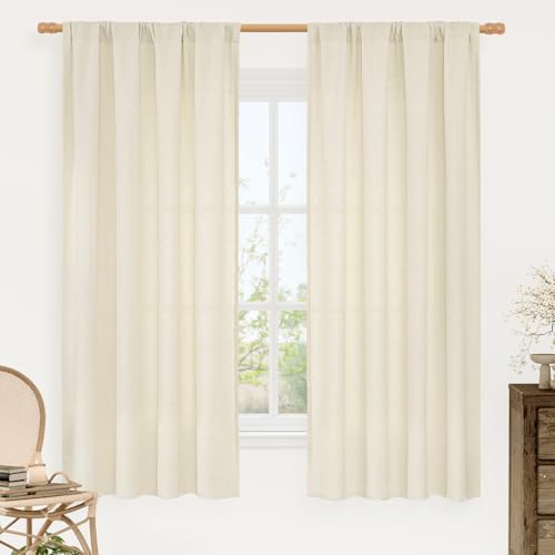 Image of LAMIT Light Beige Linen Curtains 63 inch Length for Bedroom, Soft Semi Sheer Light Filtering Window Treatments Rod Pocket Drapes for Living Room /Small Window, 2 Panels Set, 42 x 63 Inch