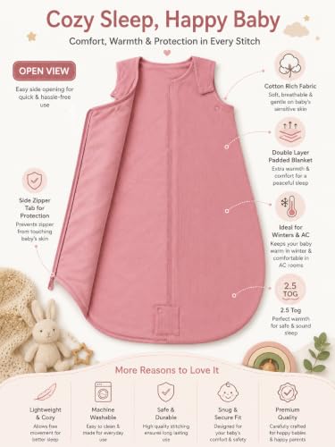 Image of TuddyBuddy Baby Cotton Wearable Quilted Sleeping Bag Blanket 1.5 Tog with 1 Way Zipper Closure | Ideal for Babies & Kids Hypoallergenic Fabrics | (Pin Striped Fabric - Dark Pink, 6-12 Months)