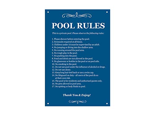 Origin Pool Rules - Black & White/Blue & White Sign for outdoor use with a list of health and safety points about using swimming pool. Ideal for use in holiday accommodation (Blue)