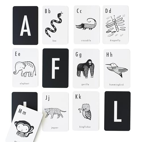 Image of Wee Gallery Educational Flashcards for Babies, Double Sided Black and White Learning Flash cards, Jungle Animal Alphabet Cards for Visual Stimulation and Cognitive Development of Infants and Toddlers