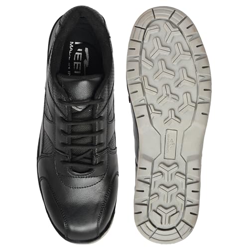 Image of Safety Shoes, Black Leather with Perforated Design, Anti-Slip Work Footwear