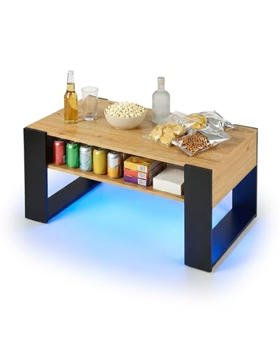 Amveya Table Basse Salon Bois Noir avec Rangement et LED 92x47x45cm, Table de Salon Moderne Rectangulaire, Table Basse Bois Chêne avec Étagère, Coffee Table
