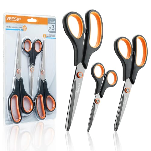 Scissors, 3-Pack Titanium Coated Non-Stick Scissors (8.5’’, 7.5’’, 5.5’’), Comfort Grip, All-Purpose Cutting Tools for Office, Craft, Sewing