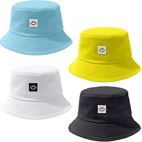 Rcanedny 4 Pack Bucket Hat Women Men Smiling Face Beach Fisherman Hats Cotton Sun Hat for Summer Hiking Camping Traveling Fishing, 4 Colors (Color Set 1) Cover