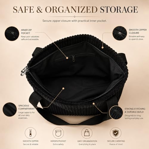 Image of Kawn Korean Tote Bag Aesthetic Corduroy Canvas Handbag for Women Zipper Casual Large Capacity Shoulder Bag with Pockets Versatile Everyday use for College Work Travel & Shopping