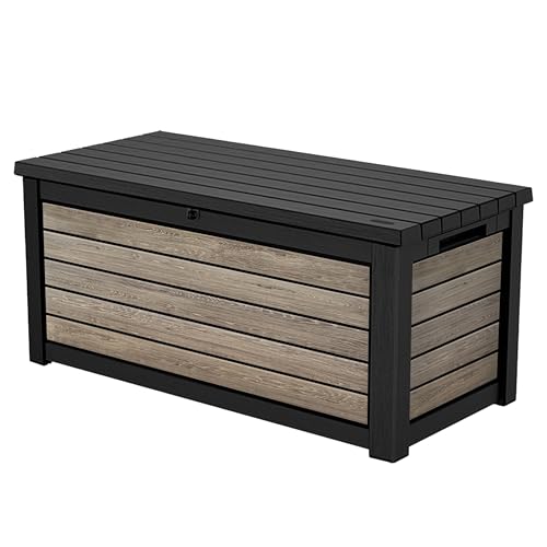Keter Signature 630L Outdoor Storage Box – Ashwood Brown | Lockable Weatherproof Garden Deck Box & Bench | DecoCoat™ Wood-Effect Finish | Hydraulic Lid | Seats 2 Adults | Durable Resin Construction