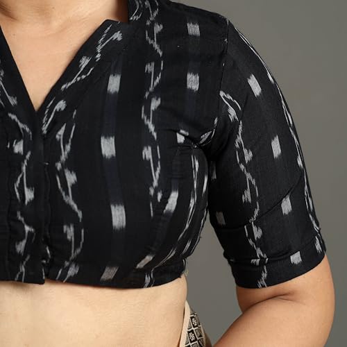 Image of Elegant Odisha Ikat Unstitched Cotton Blouse Piece Black