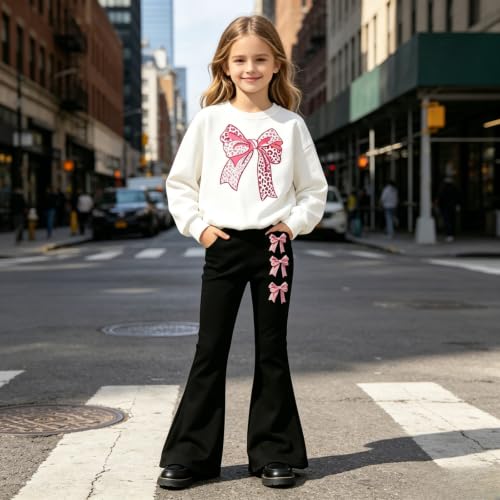 Image of Girls Clothes 2 Piece Cute Bow Print Sweatshirt & Flare Pants Fall Winter Outfits Set Size 7-14Y