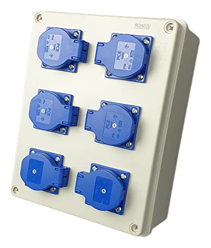 RoadEu – Caja de distribución eléctrica 230V con 6 enchufes 16A – Cuadro de distribución IP54 de pared – Precableado – Para interior y exterior – Ideal para taller, garaje y obra