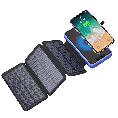 Solar Charger 20000mAh,Wireless Qi Power Bank Solar Battery Charger with 3 Solar Panels Flashlight 5V 2.1A Dual Port Waterproof External Battery Pack for Outdoor Camping Travel