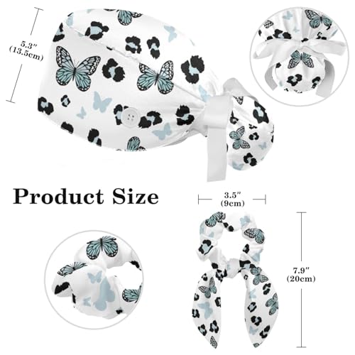 Image of Butterfly Leopard Scrub Cap, Adjustable Working Cap with Button, Bouffant Caps with Bow Hair Scrunchy