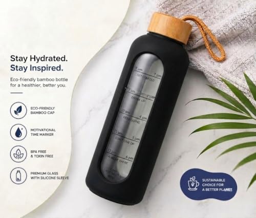 Image of Glass Water Bottle 1 Ltr with Protective Silicone Cover Borosilicate Glass Airtight, Leak-Proof Bamboo Lid,BPA-Free, Eco-Friendly,Reusable for Gym /Travel /Office /Home |Time Marker, Motivational (BLACK)