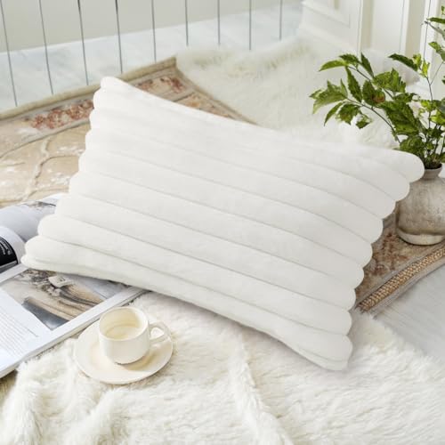Image of decorUhome Fall Cozy Faux Fur Throw Pillow Covers 12x20 Set of 2 Decorative Soft Plush Striped Lumbar Modern Farmhouse Boho Couch Pillow Cases with Velvet Back for Sofa Bed Living Room, White