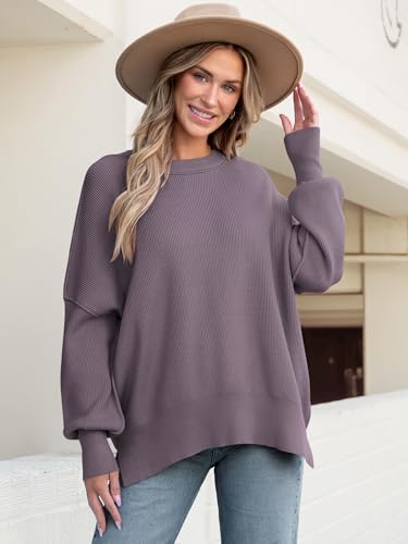 Image of ANRABESS Women Oversized Sweaters Batwing Long Sleeve 2026 Fall Outfits Crewneck Casual Knit Side Slit Fashion Pullover Top