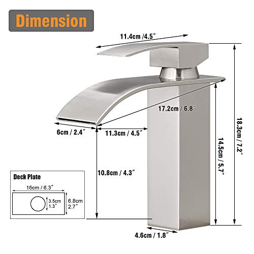Hoimpro Waterfall Spout Brushed Nickel Bathroom Faucet,Single Handle Bathroom Vanity Sink Faucet, Rv Lavatory Vessel Faucet Basin Mixer Tap with Deck Plate, Lead Free Solid Brass (One or 3 Hole)
