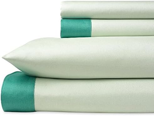 Tonal Cuff 100% Cotton Sateen Queen Sheet Set, Emerald/Seacrest