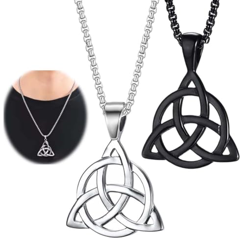 GHPKOTW 2 Collares con colgante de nudo celta con colgante de amuleto circular de triángulo irlandés, gótico, punk, rock, hip hop, collar para hombre, color negro y plateado,Acero Inoxidable