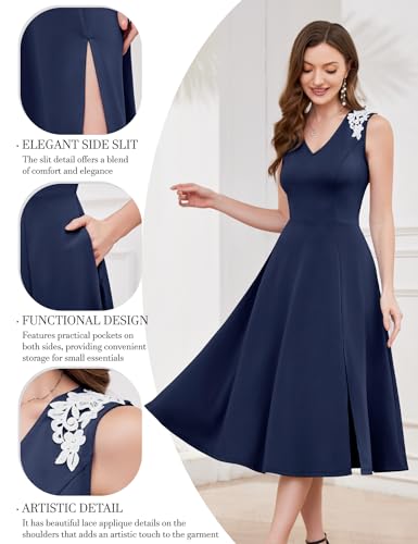 Image of Dressystar Sleeveless Cocktail Party Dress with Pocket 2025 Women V Neck Slit Tea Length Casual Dresses Work Wedding Guest