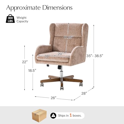 Image of HULALA HOME Modern Swivel Office Chair with Solid Wood Base, Sand | 360 Swivel Executive Task Chair with Button-Tufted, Adjustable Height Wingback Desk Chair, Wide Seat Computer Chair for Home