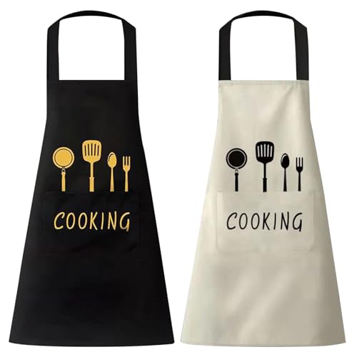MLPKOI 2 Pcs Delantales de Cocina, Delantales Impermeables Ajustables del Cocinero Bolsillos para Cocinar y Hornear para Mujeres, Hombre y Pareja