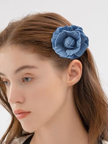 Image of Fashion Denim Camellia Flower Lapel Brooch Pin for Women Girls Fabric Floral Bouquet Corsage Pins Clip Sweater Coat Dress Suit Backpack Brooches Pins Boho Jewelry Gifts Clothes Accessories
