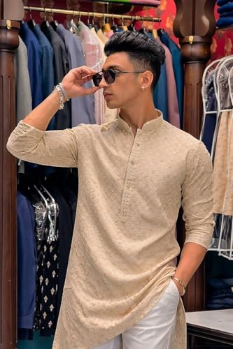 Image of Men's Lakhnawi Chikankari Kurta Set Cotton Ethnic Kurta Pajama for Men Wedding Festive Designer Indian Outfit Stylish Embroidered Kurta Set