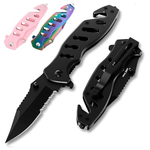 Tactical Legal Knife for Men Women - 2.68 Inch Serrated Blade - Small Black Pocket Knife with Glass Breaker Seatbelt Cutter - Cool Folding Knives for Camping Work EDC - Mens Birthday Gift Ideas 6655 B