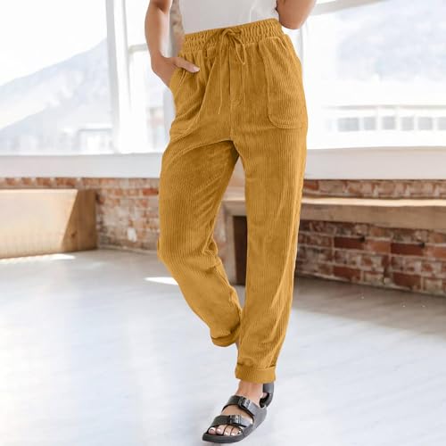 Corduroy Pants Women High Waisted Drawstring Casual Straight Leg Pants Loose Comfy Lounge Pants Trousers with Pockets2