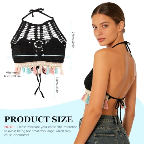 Image of PALAY Women's Summer Beach Backless Crochet Halter Bikini Crop Top Crochet Hollow Out Tassle Embroidery Knit Boho Beachwear