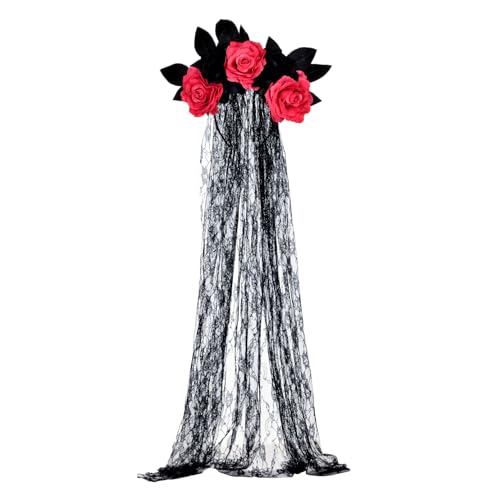 June Bloomy Day of the Dead Headpiece Rose Floral Crown Veil Halloween Costume Mexican Flower Headband(Black Leaf Black Peach)