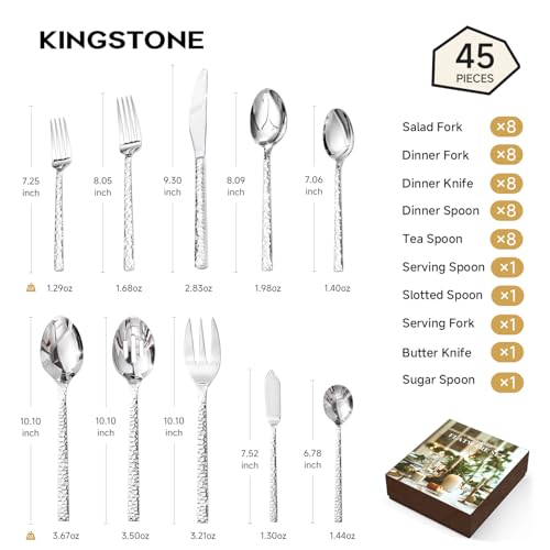 Image of KINGSTONE 45 Piece Hammered Silverware Set with Serving Utensils, 18 /10 Stainless Steel Flatware Set for 8, Cutlery Set for Home, Party, Wedding, Mirror Polished Dishwasher Safe