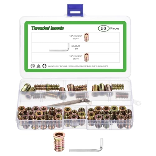 sourcing map 50Pcs 1/4-20x25/32 Threaded Inserts Nuts, Zinc Alloy Hex Socket Drive Screw-in Nut Threaded Inserts with 1Pcs Hex Wrench, Wood Inserts Bolt Assortment Kit for Wood Furniture